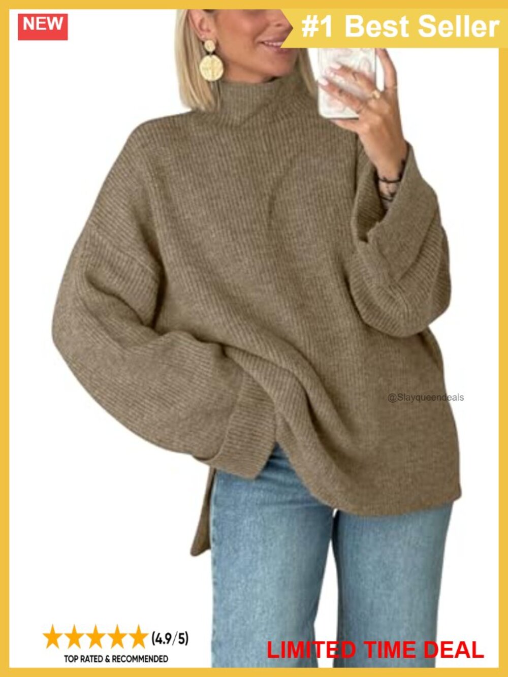 Oversized Ribbed Turtleneck Knit Sweater Pullover Loose Fit Long Sleeve